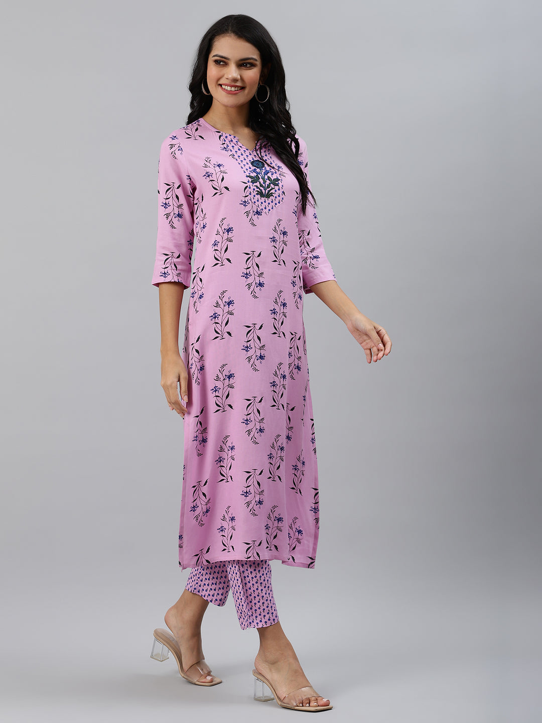 Purple Printed Kurta with Trousers