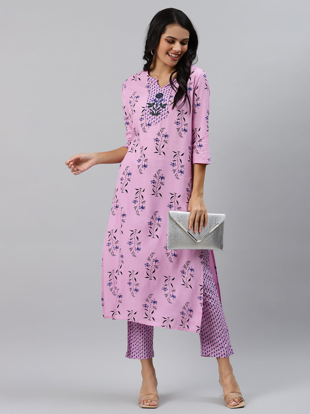 Purple Printed Kurta with Trousers