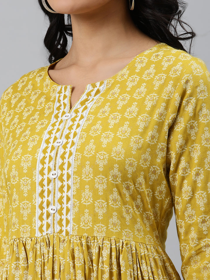 Women Yellow and White Flared Kurta with Trousers