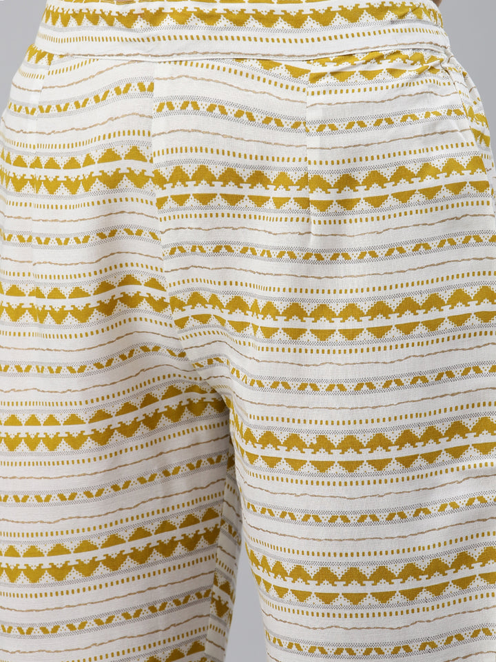 Women Yellow and White Flared Kurta with Trousers