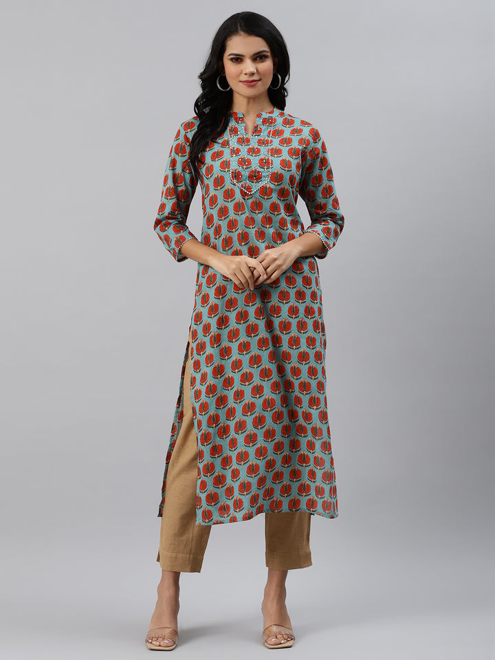 Women Green Floral Printed Kurta