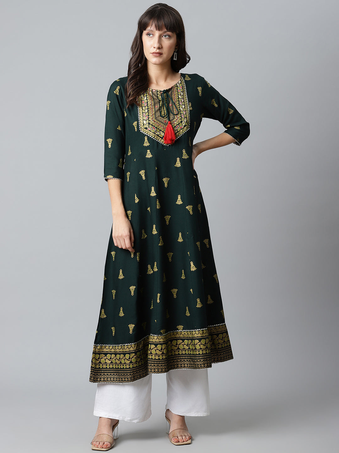 Women Green Gold Printed Yoke Design Flared Long Kurta