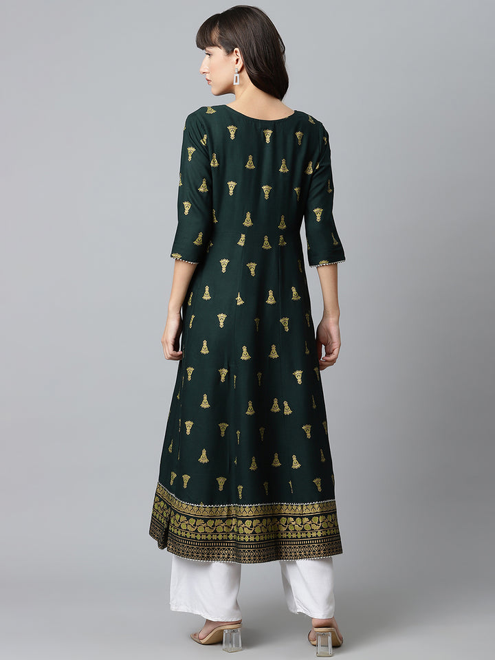 Women Green Gold Printed Yoke Design Flared Long Kurta