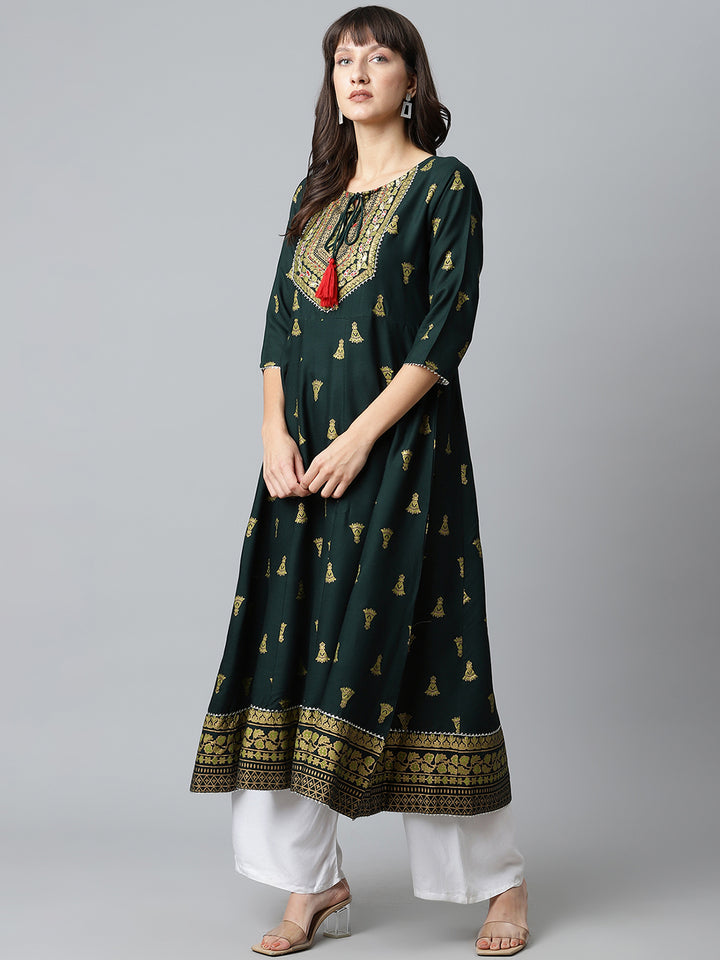 Women Green Gold Printed Yoke Design Flared Long Kurta