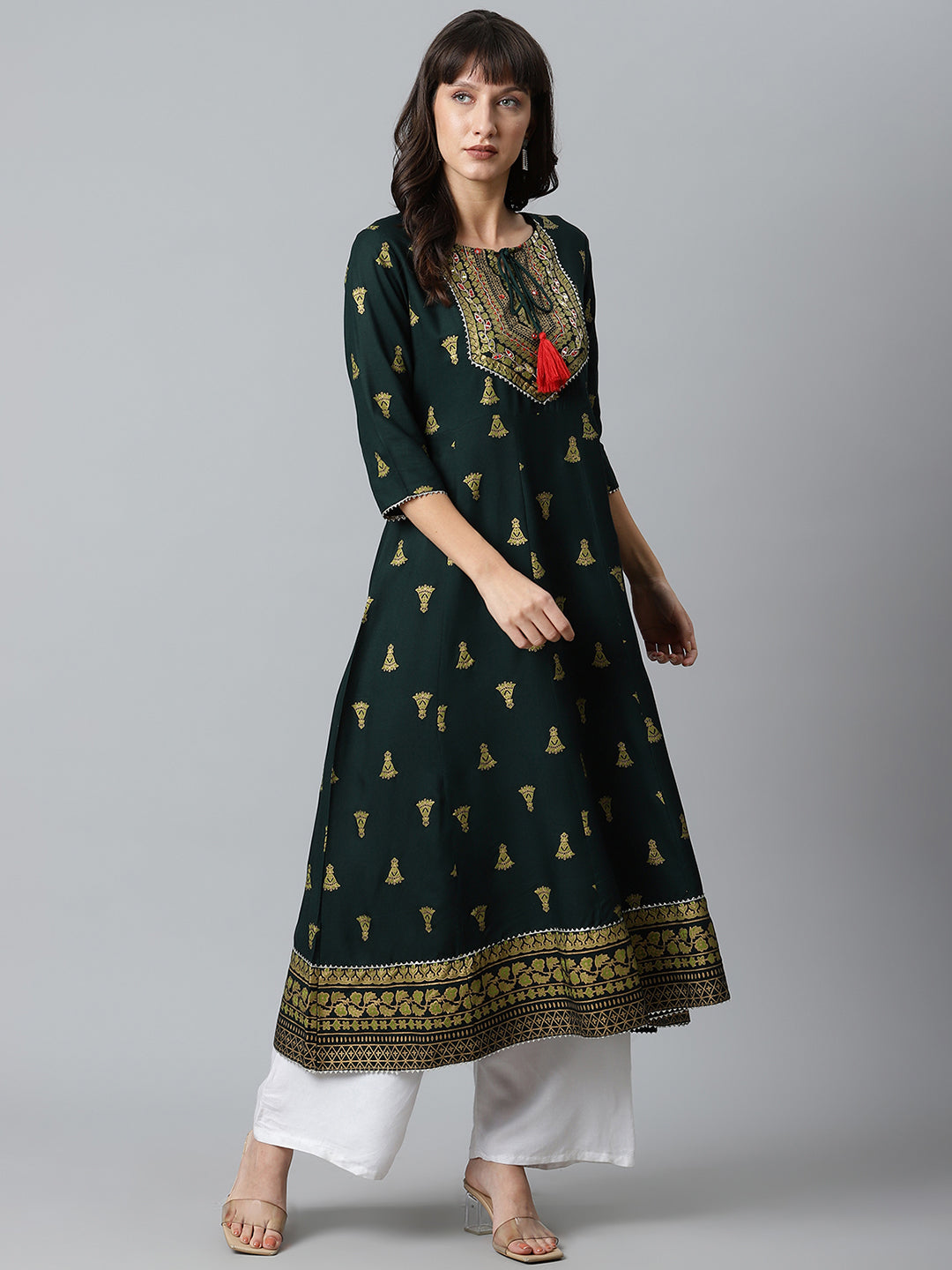 Women Green Gold Printed Yoke Design Flared Long Kurta