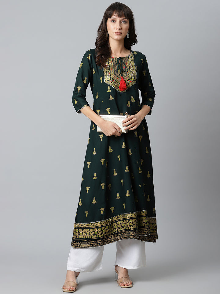 Women Green Gold Printed Yoke Design Flared Long Kurta