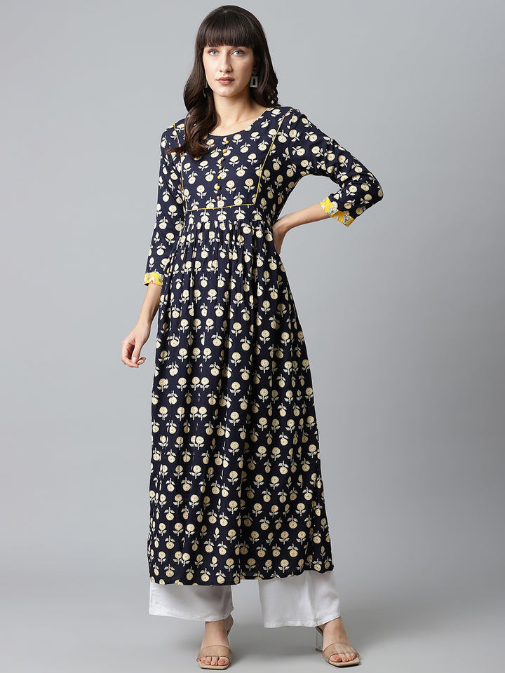 Women Blue Printed Gathered Long Kurta