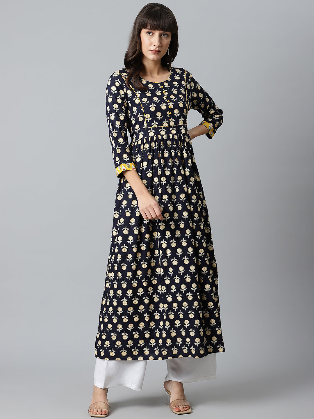 Women Blue Printed Gathered Long Kurta