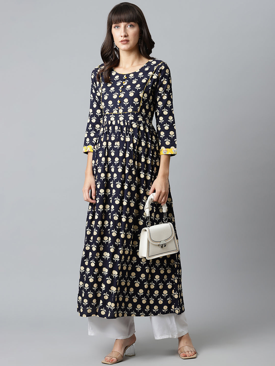 Women Blue Printed Gathered Long Kurta