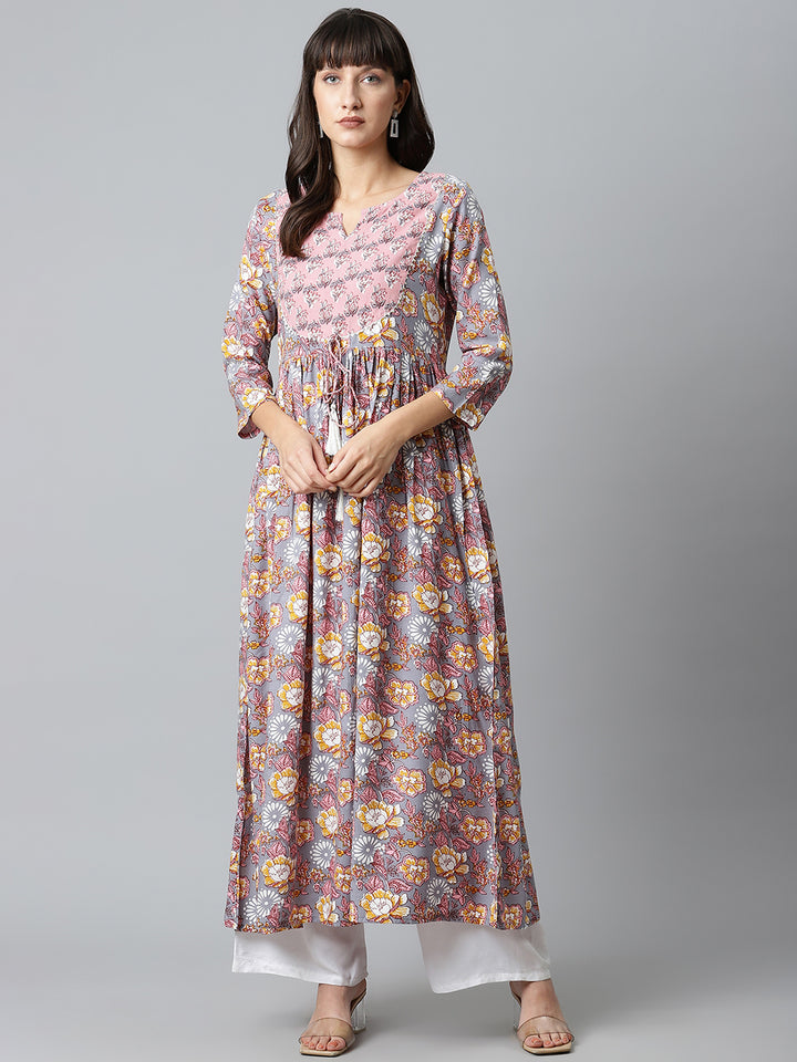 Women Grey Floral Printed Gathered Long Kurta