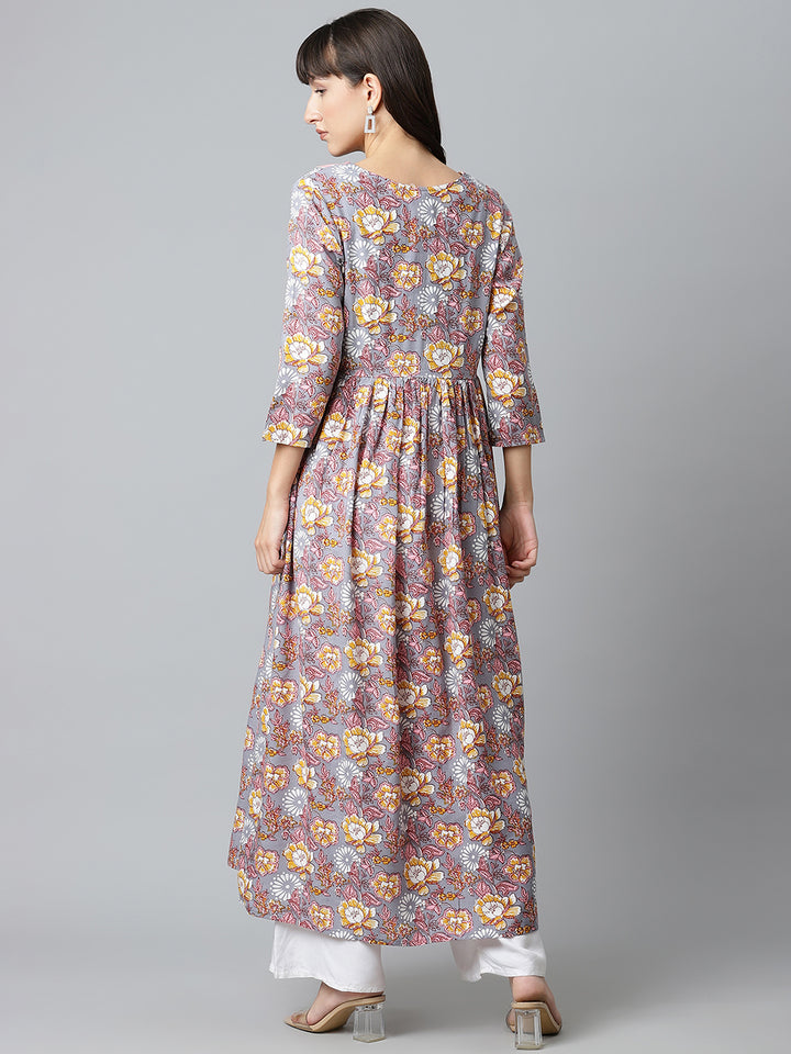 Women Grey Floral Printed Gathered Long Kurta