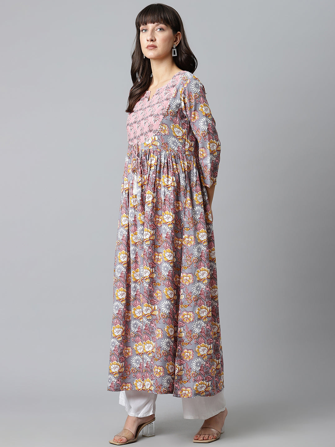 Women Grey Floral Printed Gathered Long Kurta