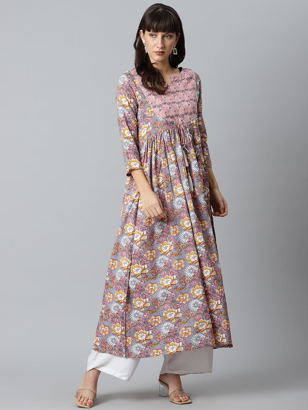 Women Grey Floral Printed Gathered Long Kurta