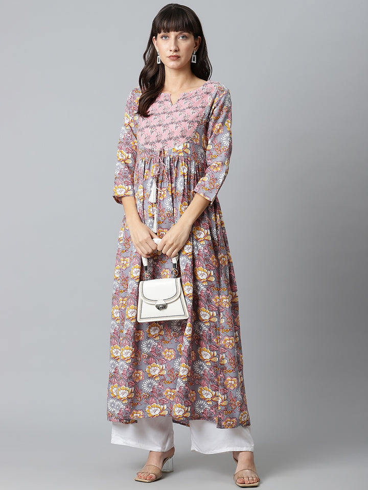 Women Grey Floral Printed Gathered Long Kurta