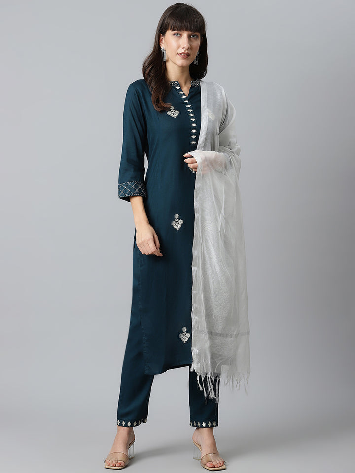 Wome Blue Embroidered Kurta with Trousers and Dupatta