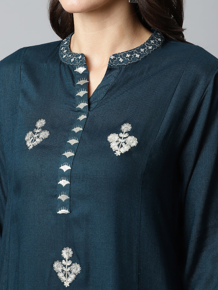 Wome Blue Embroidered Kurta with Trousers and Dupatta
