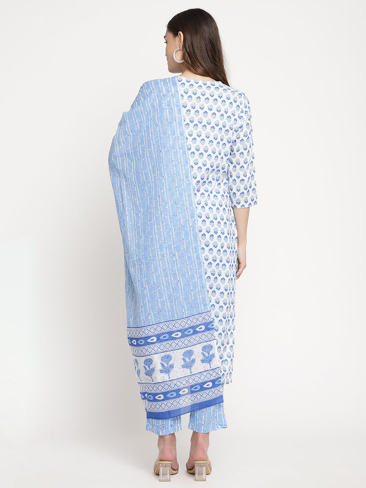 Women Blue and White Printed Kurta with Trousers and Dupatta