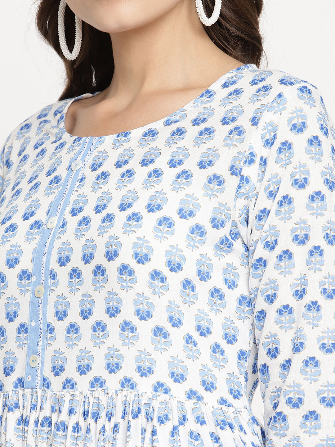 Women Blue and White Printed Gathered Kurta with Trousers