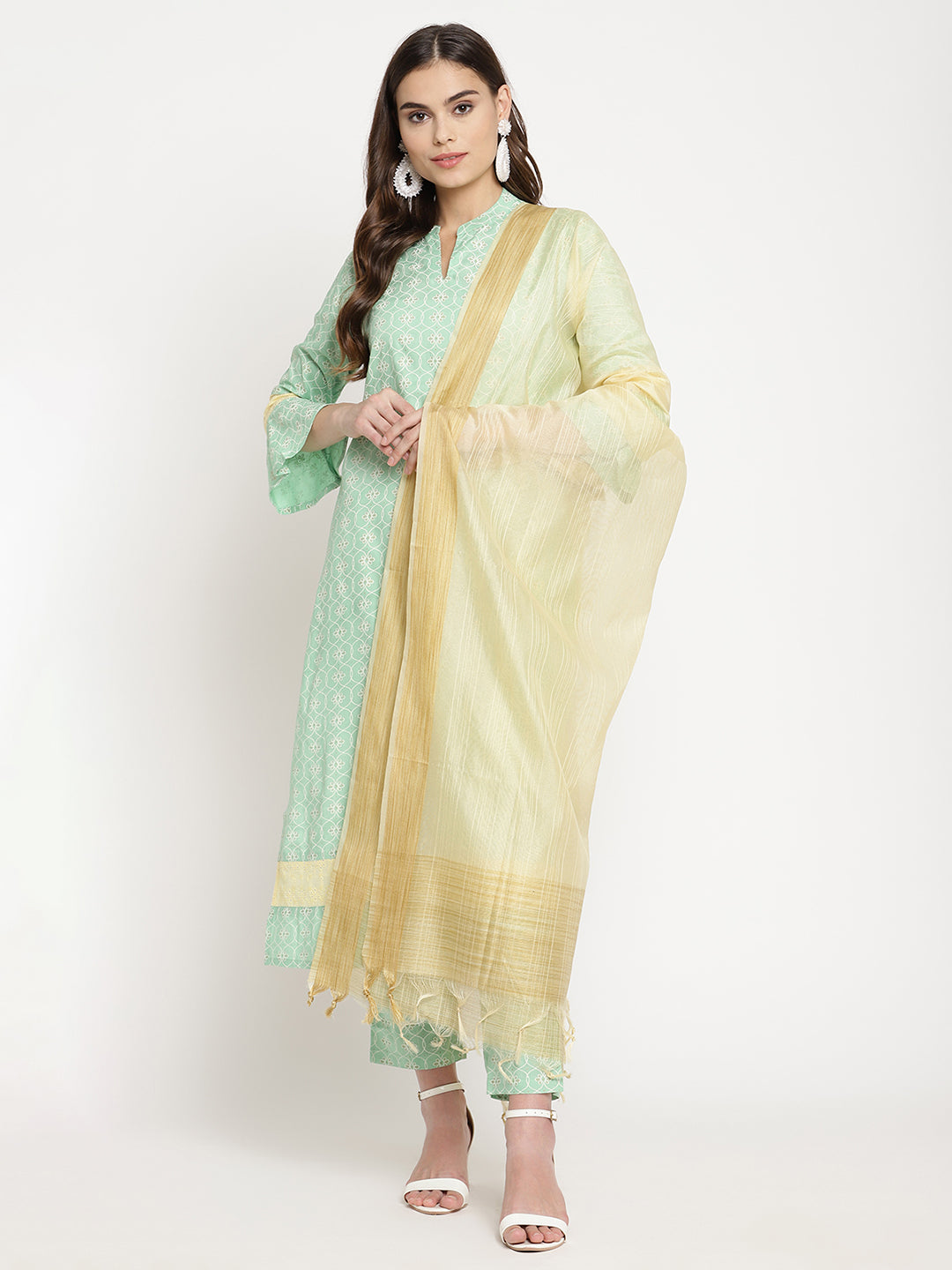 Women Green Abstract Printed Kurta with Trousers and Dupatta