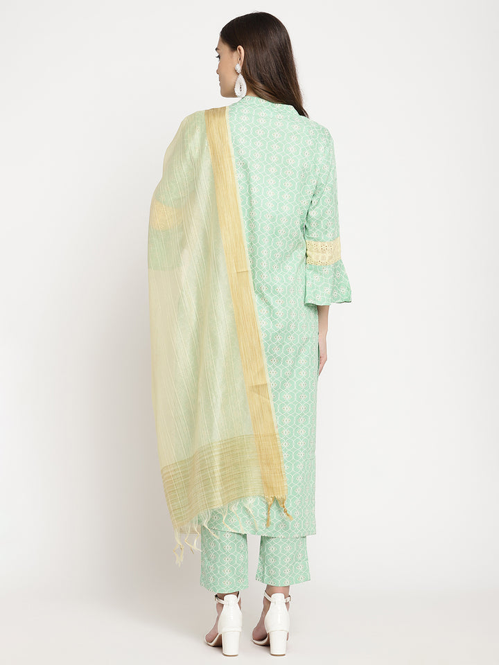 Women Green Abstract Printed Kurta with Trousers and Dupatta