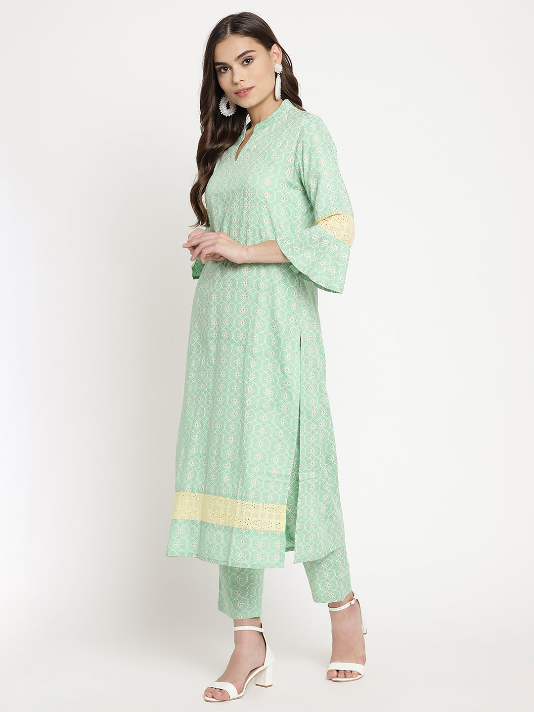 Women Green Abstract Printed Kurta with Trousers and Dupatta
