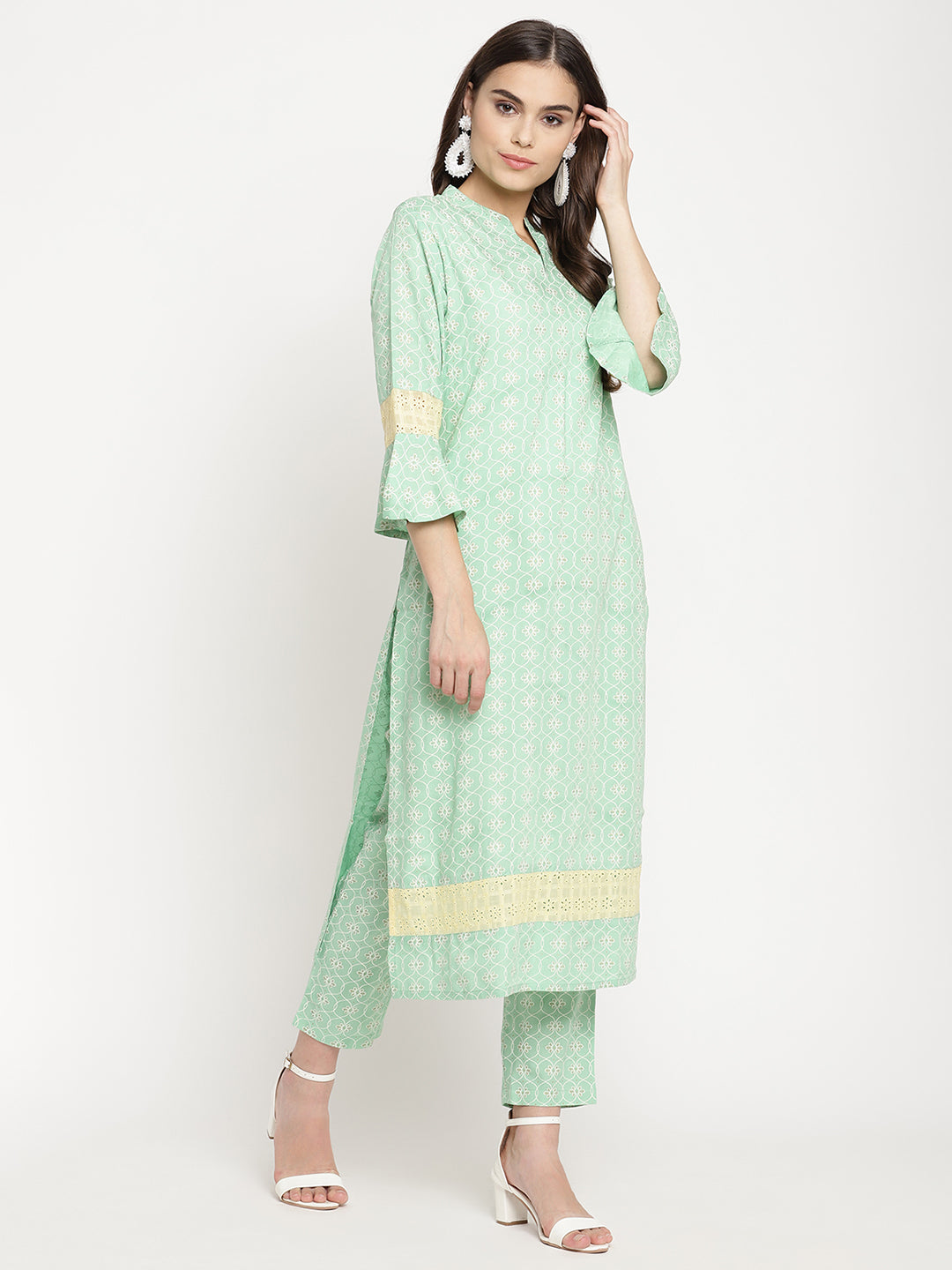 Women Green Abstract Printed Kurta with Trousers and Dupatta