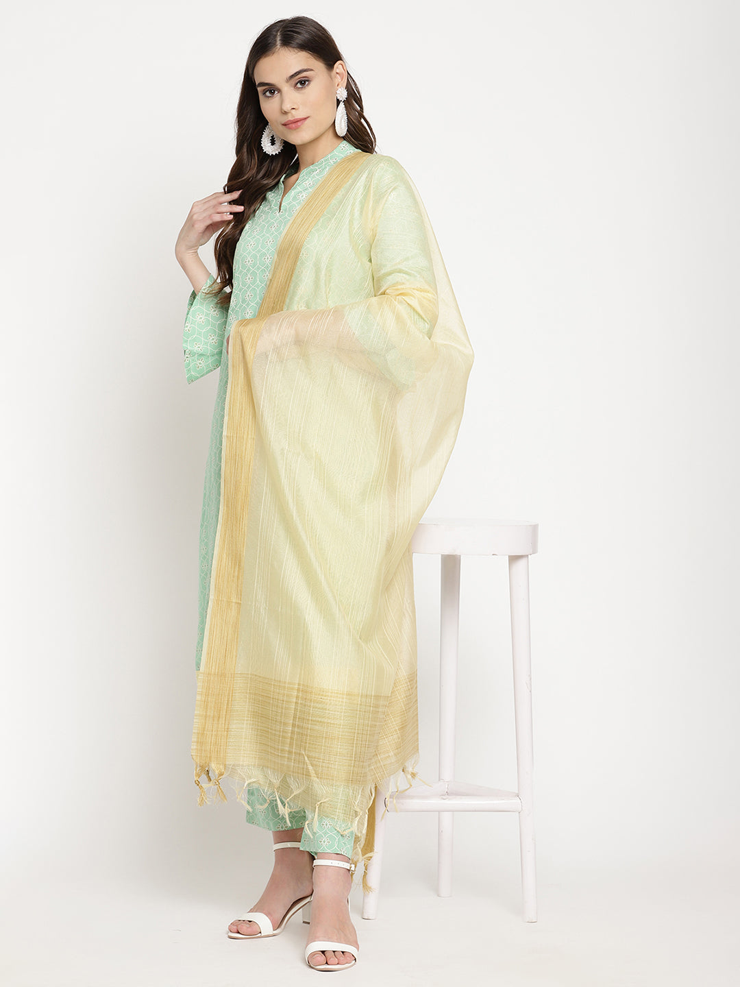 Women Green Abstract Printed Kurta with Trousers and Dupatta