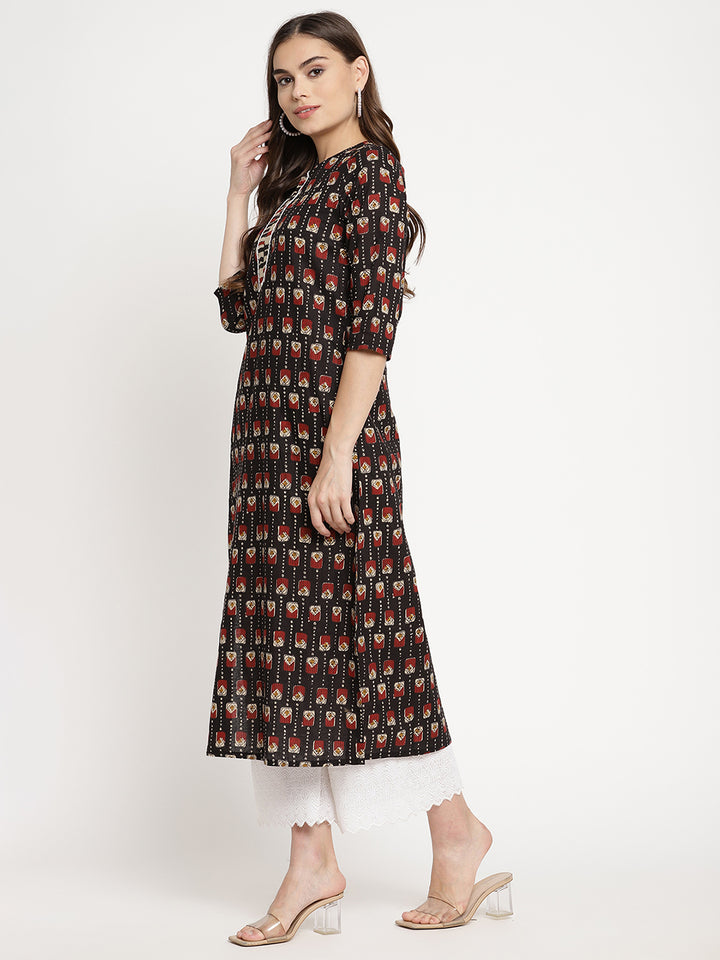 Women Black Printed Straight Kurta