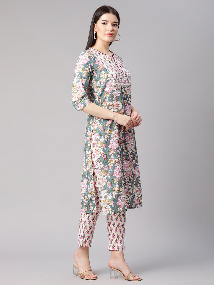Women Blue and White Printed Kurta with Trousers and Dupatta