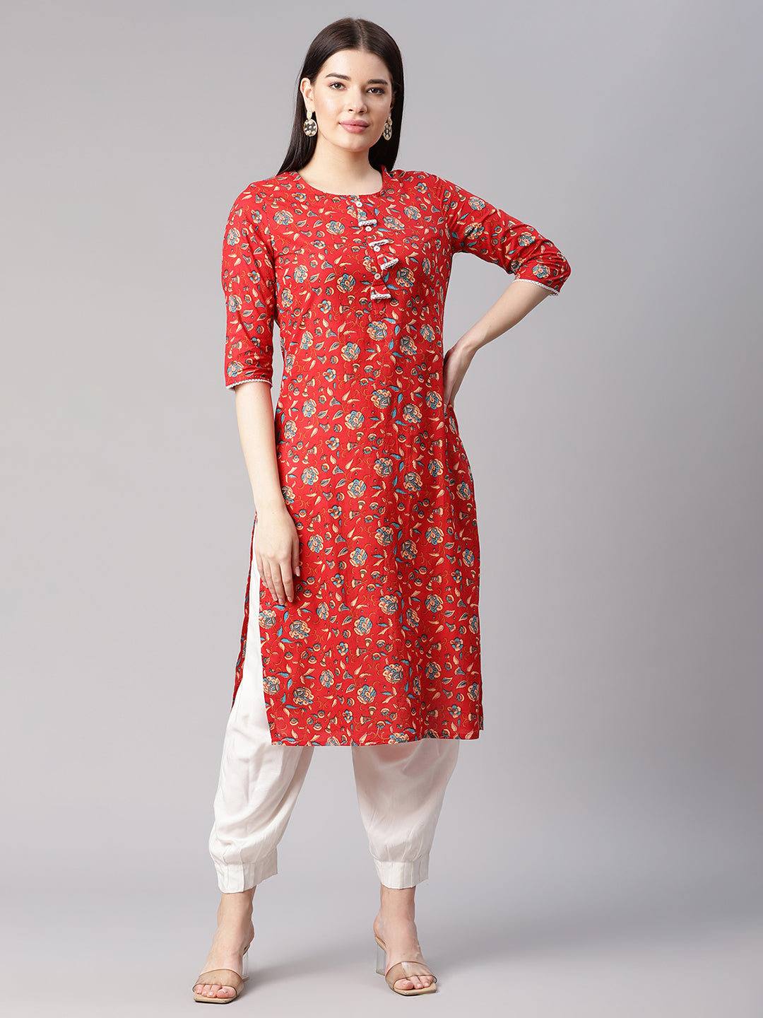 Women Red Floral Kurta