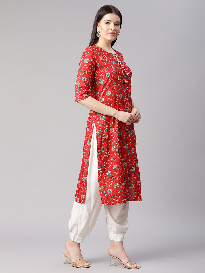 Women Red Floral Kurta