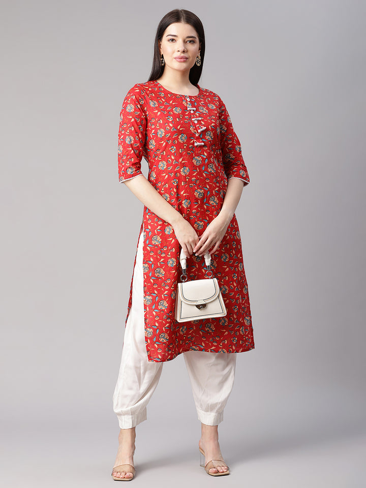 Women Red Floral Kurta