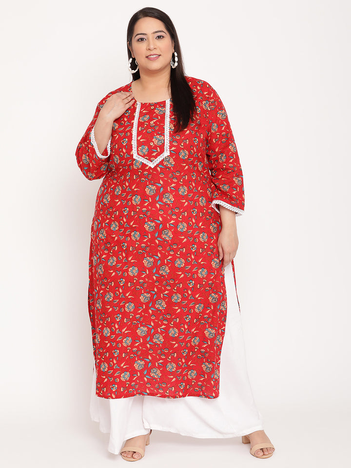 Red Floral Printed Plus Size Kurta