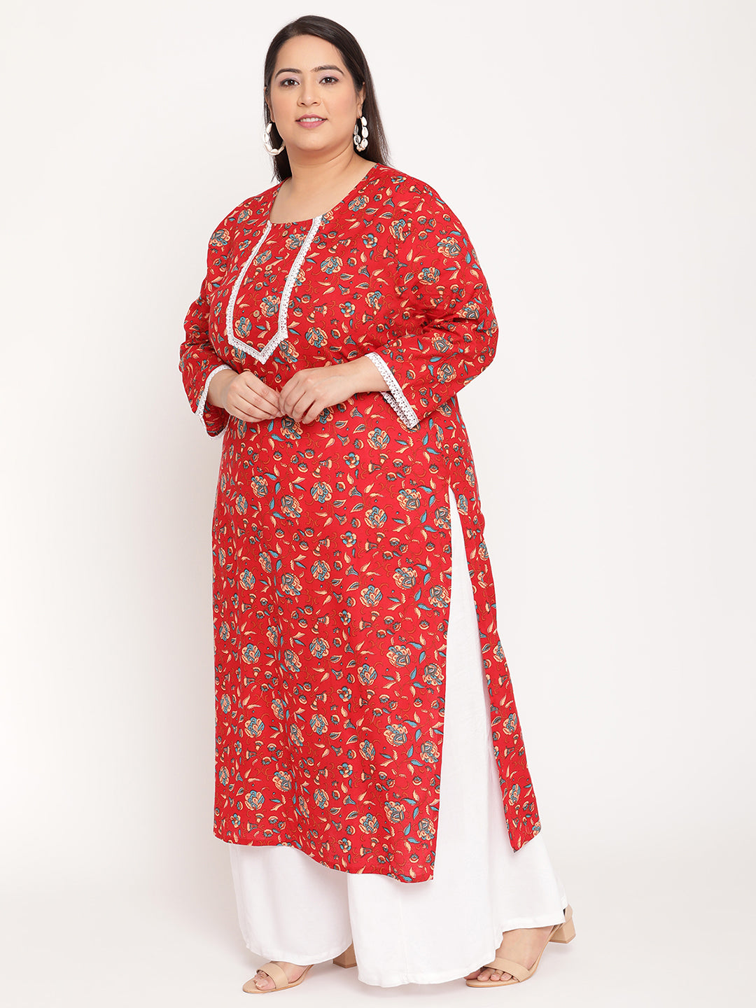 Red Floral Printed Plus Size Kurta