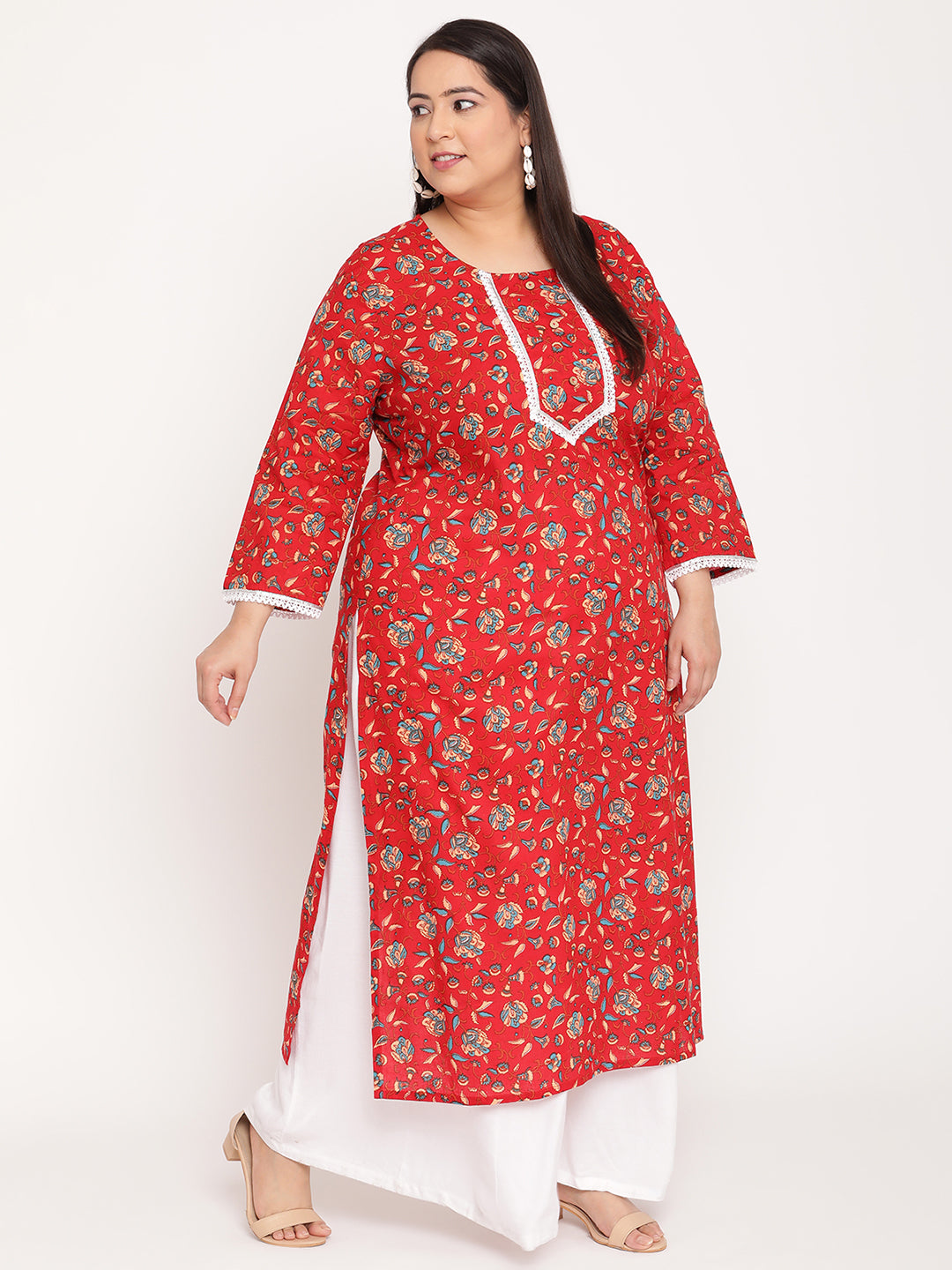 Red Floral Printed Plus Size Kurta