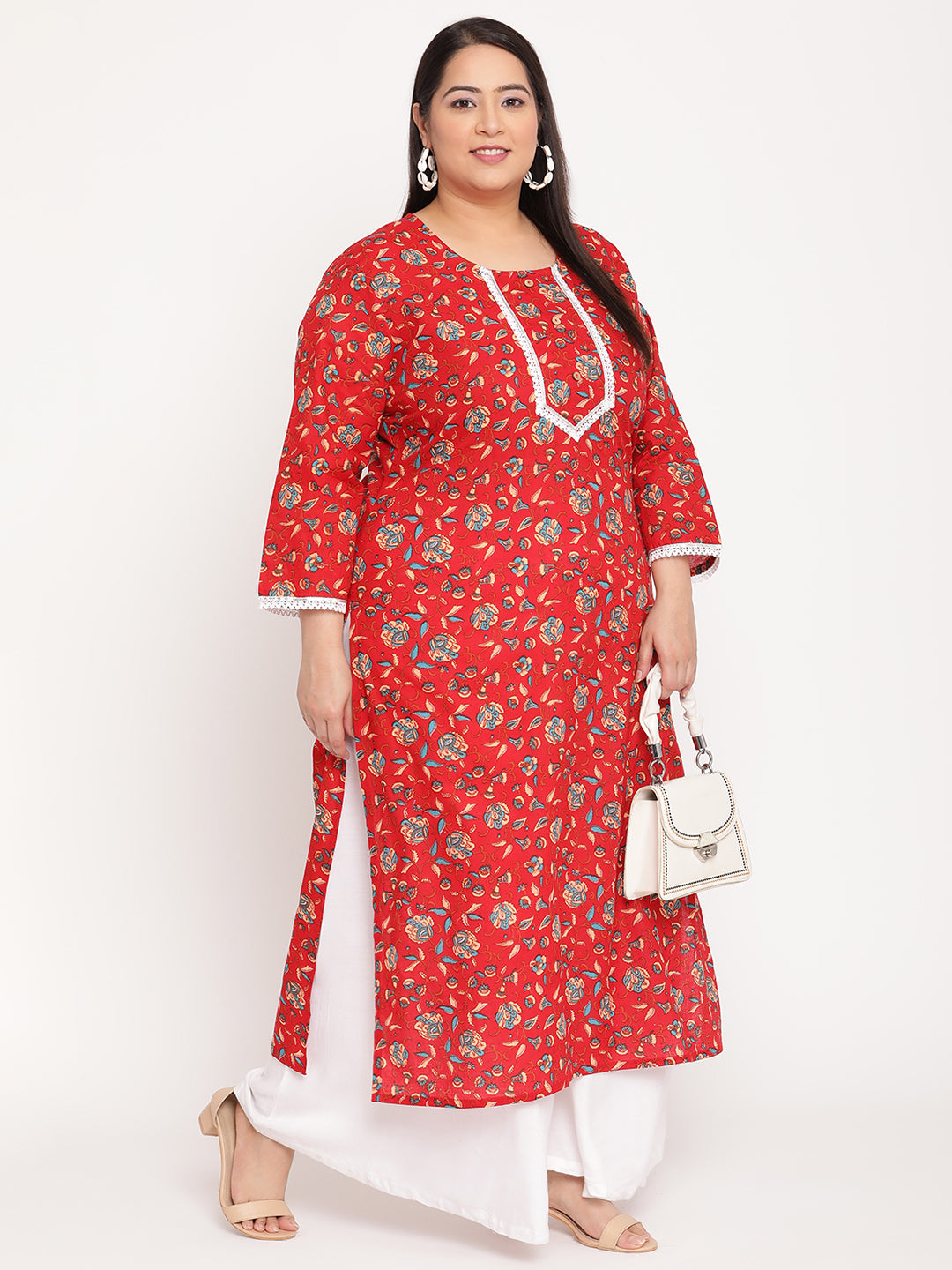 Red Floral Printed Plus Size Kurta