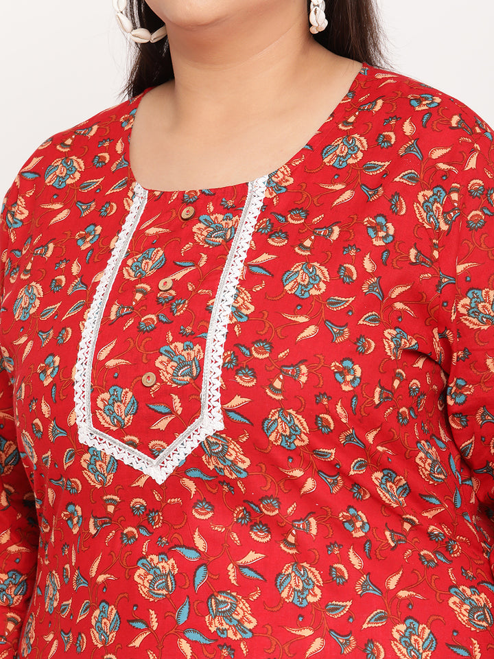 Red Floral Printed Plus Size Kurta