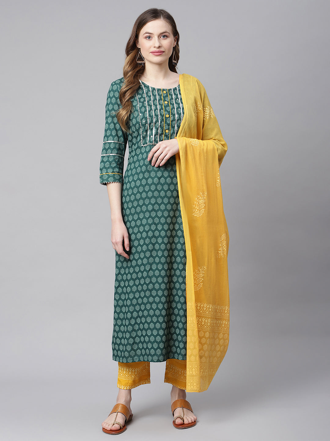Women Green and Yellow Printed Kurta with Trousers and Dupatta
