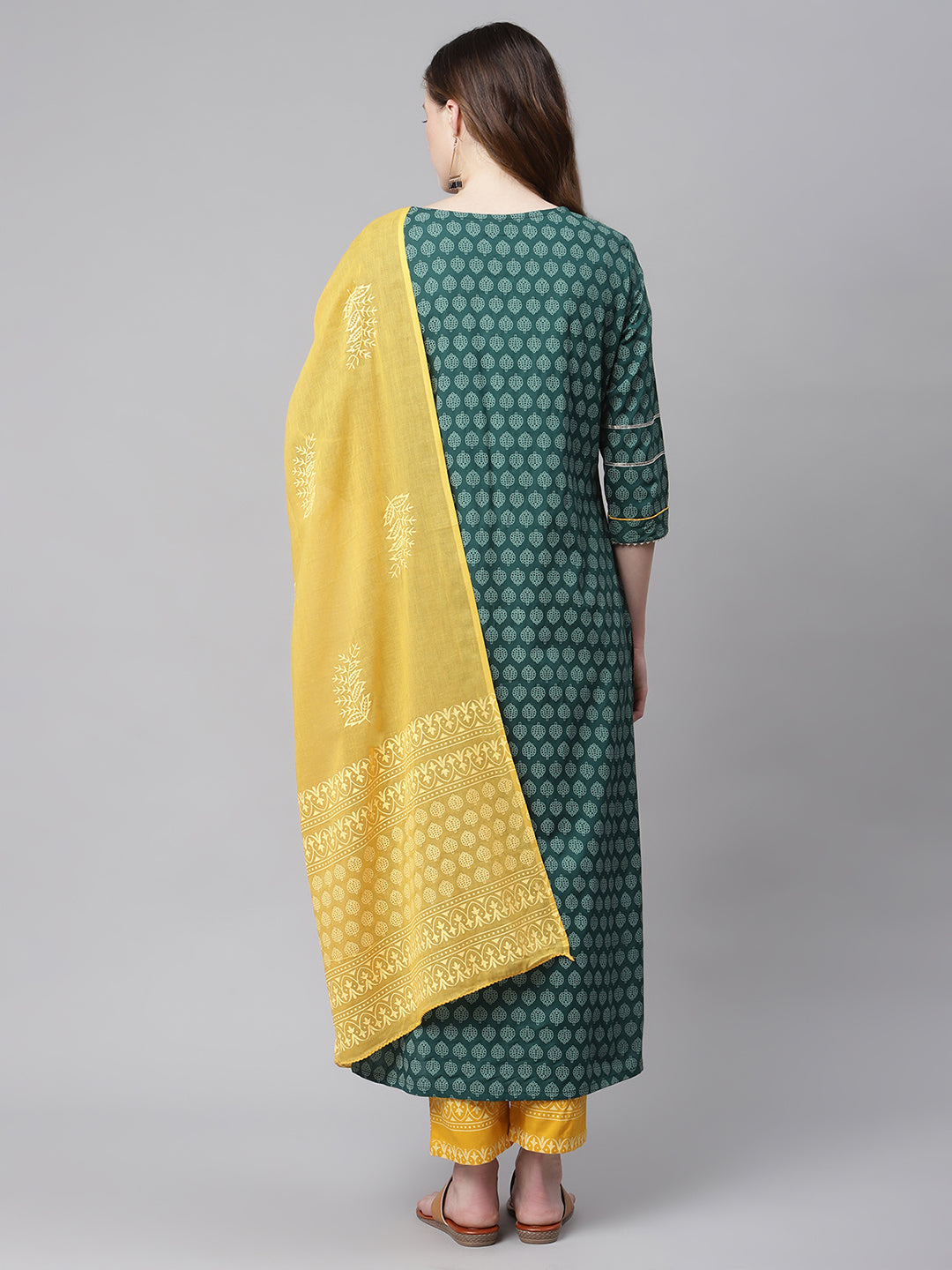 Women Green and Yellow Printed Kurta with Trousers and Dupatta