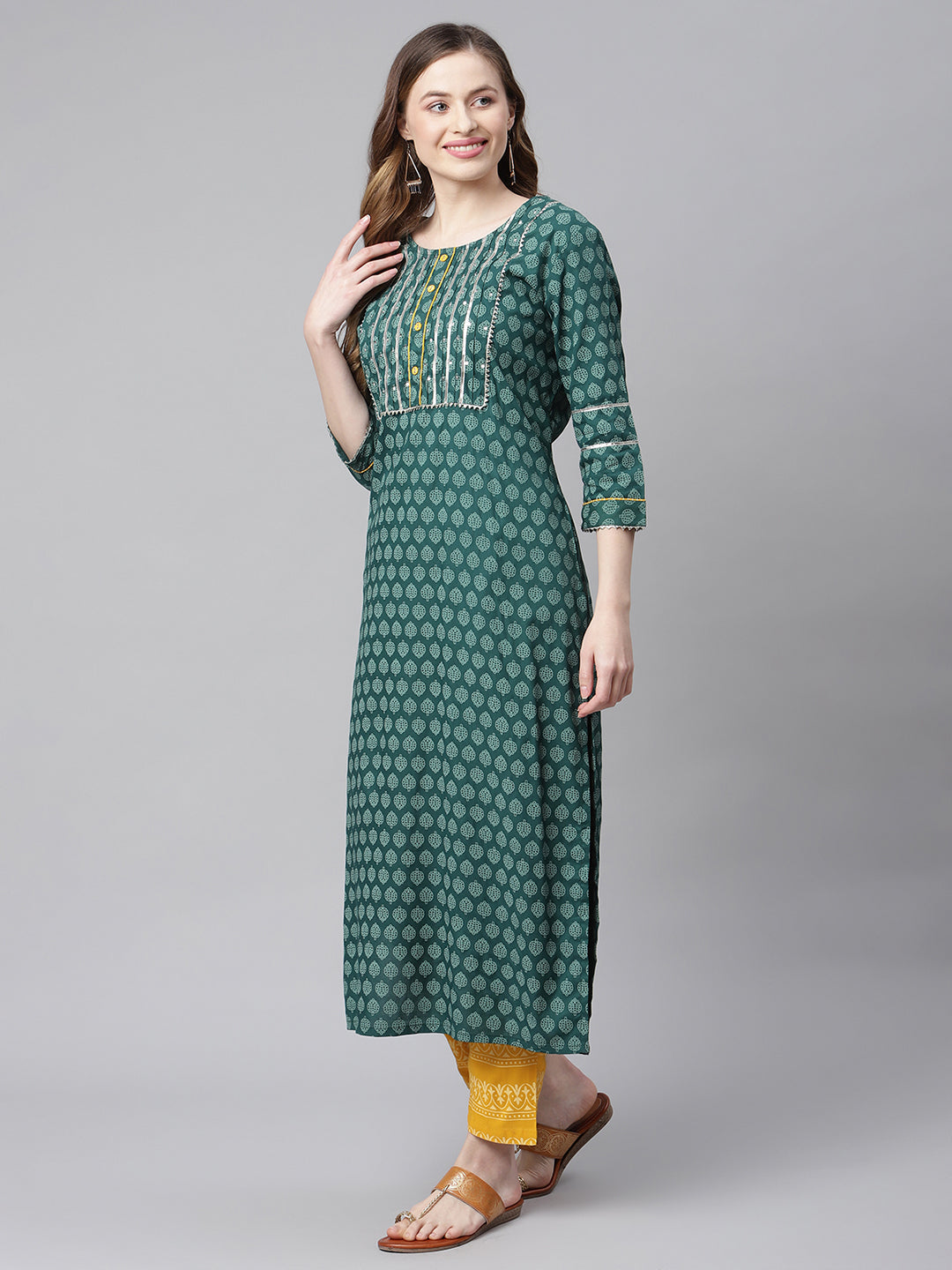 Women Green and Yellow Printed Kurta with Trousers and Dupatta