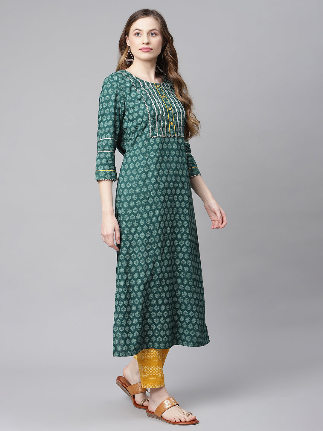 Women Green and Yellow Printed Kurta with Trousers and Dupatta