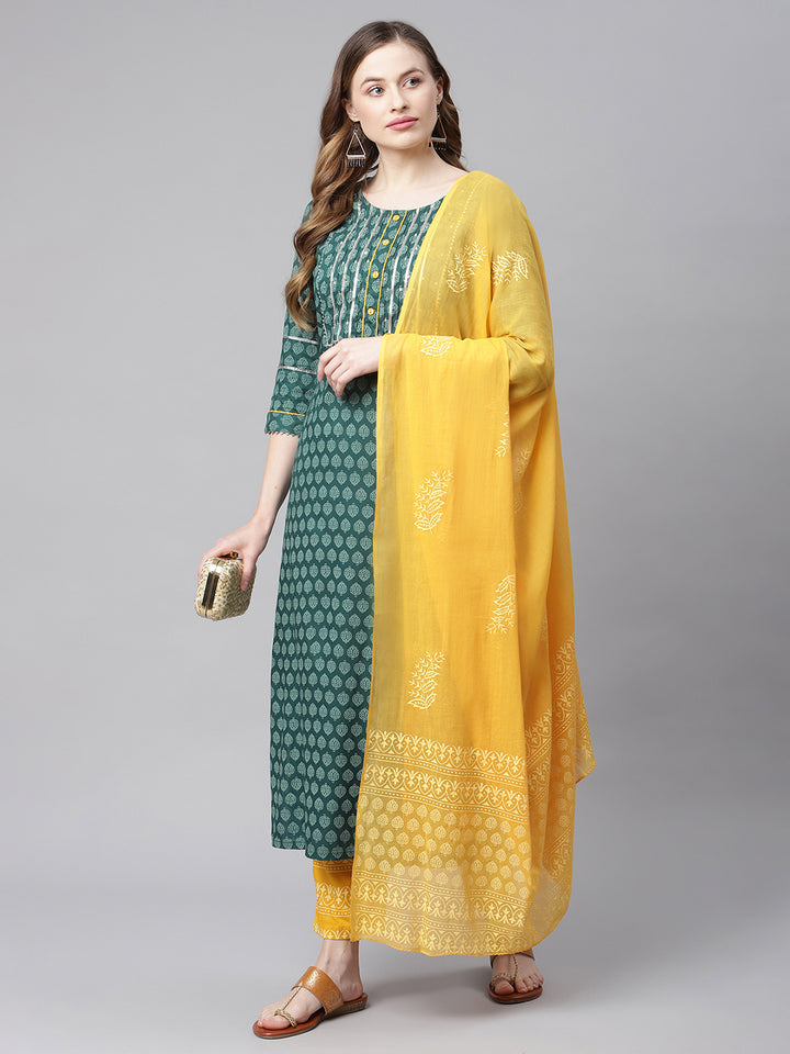 Women Green and Yellow Printed Kurta with Trousers and Dupatta