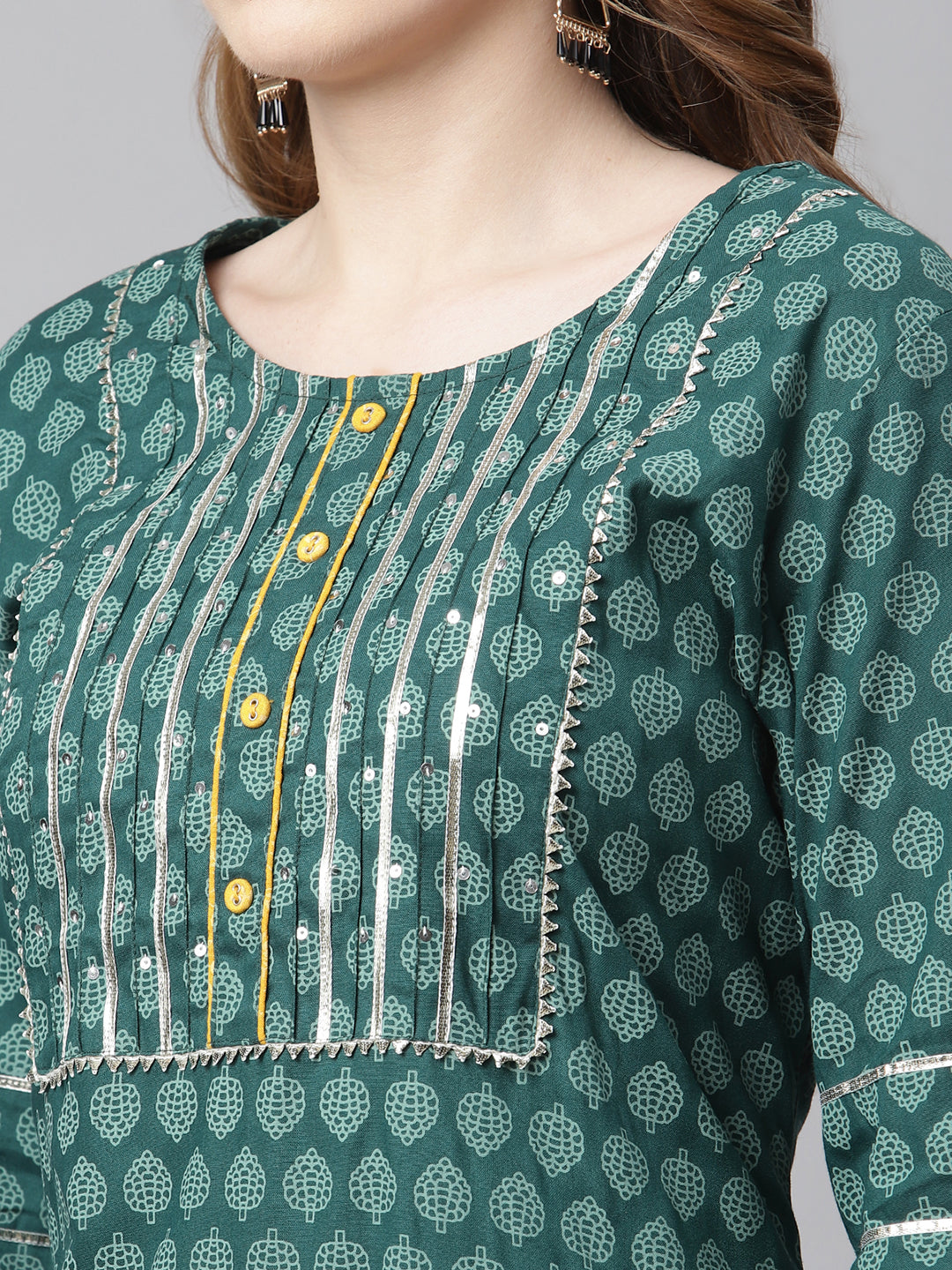 Women Green and Yellow Printed Kurta with Trousers and Dupatta