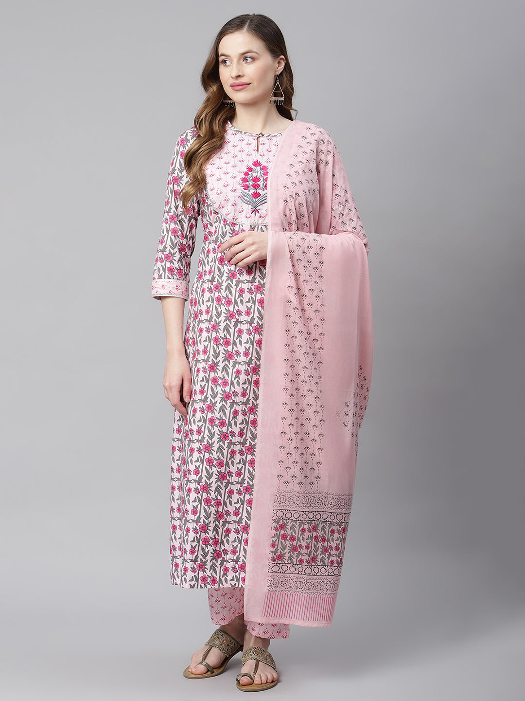 Women Pink Printed Yoke Design Ethnic Motif Kurta Set with Dupatta