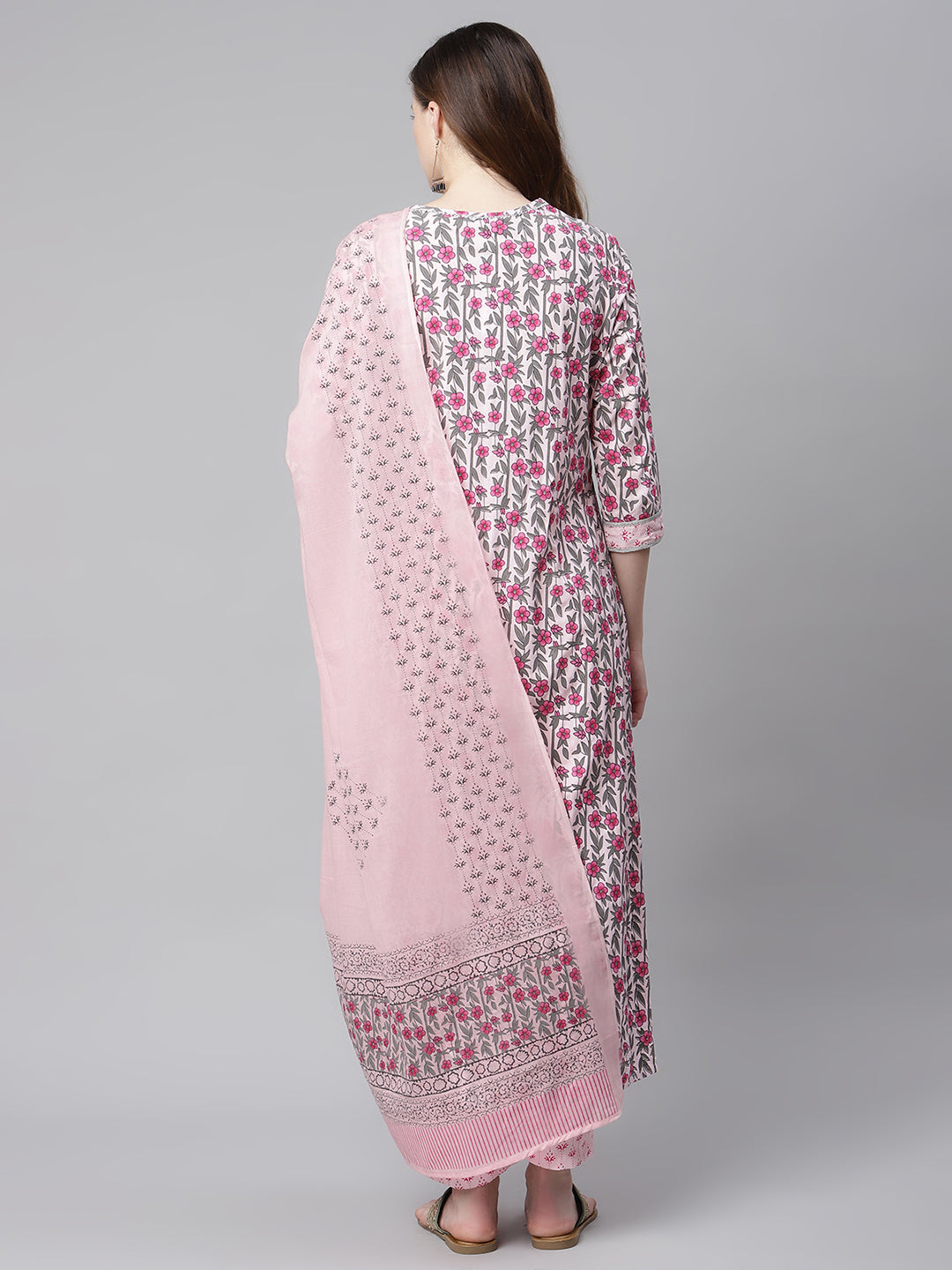 Women Pink Printed Yoke Design Ethnic Motif Kurta Set with Dupatta