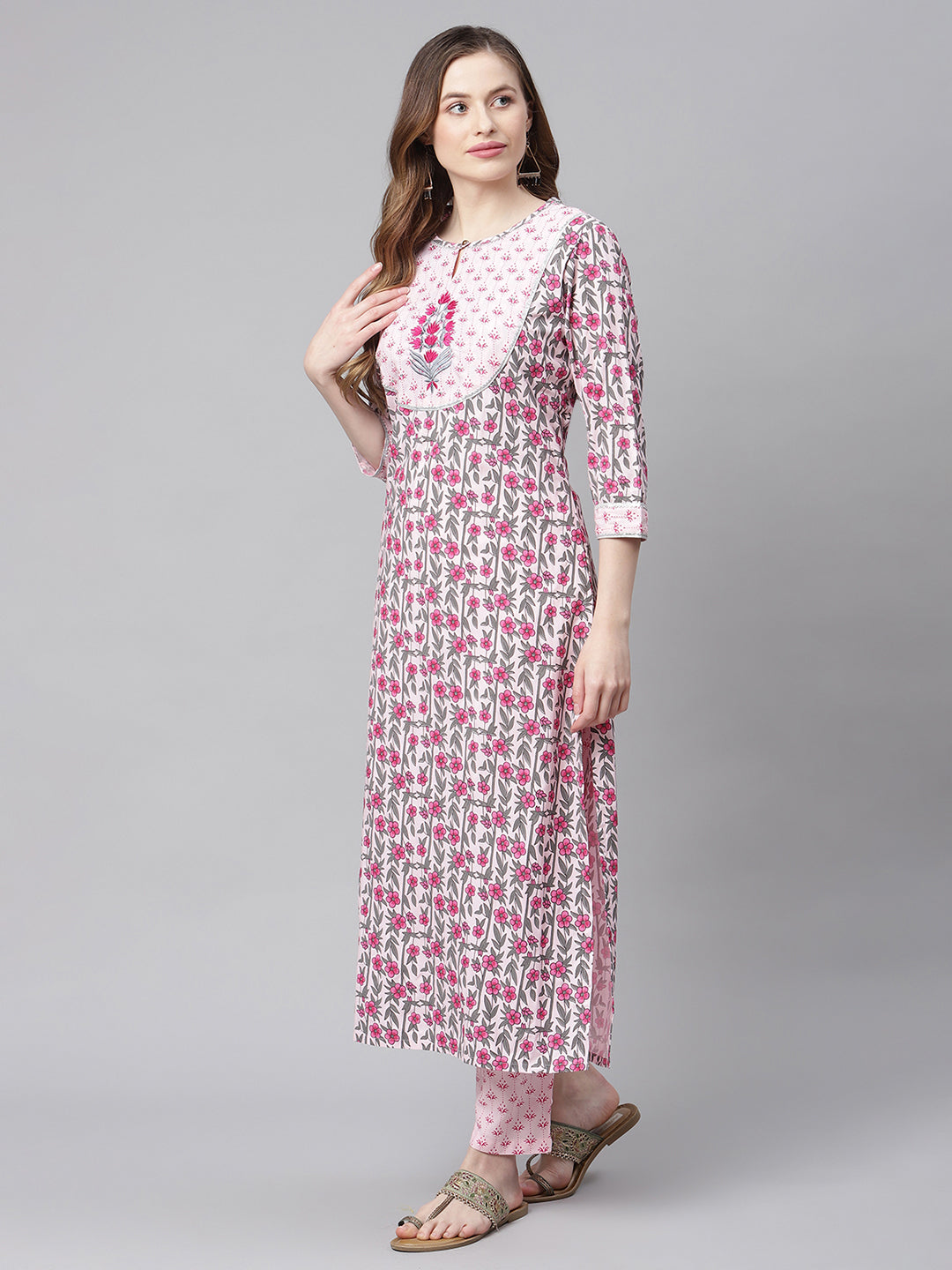 Women Pink Printed Yoke Design Ethnic Motif Kurta Set with Dupatta