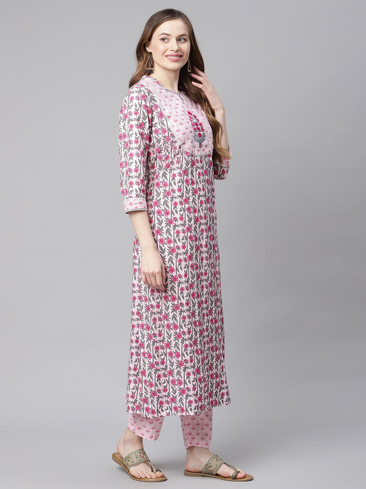 Women Pink Printed Yoke Design Ethnic Motif Kurta Set with Dupatta