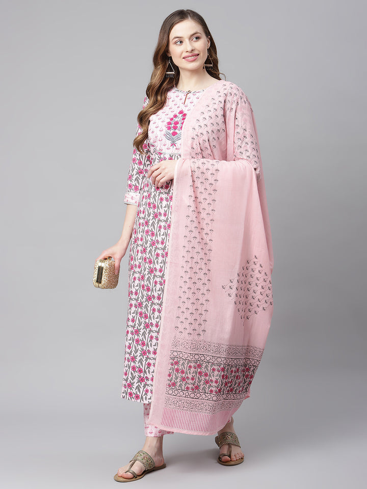 Women Pink Printed Yoke Design Ethnic Motif Kurta Set with Dupatta