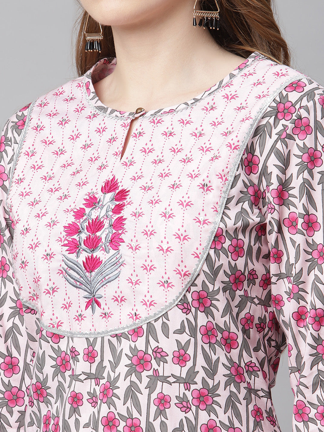 Women Pink Printed Yoke Design Ethnic Motif Kurta Set with Dupatta