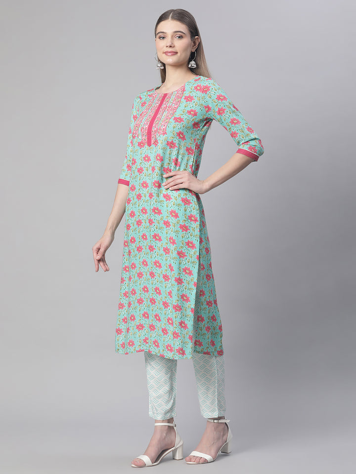 Women Green and White Floral Jaal Printed Kurta Set with Dupatta